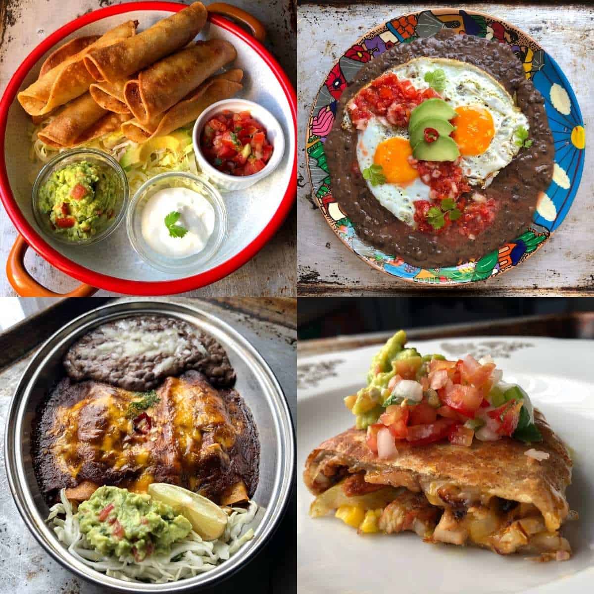 Four Mexican recipe collage featuring chicken tortilla soup, pollo asado chicken enchiladas, chicken flautas, and pollo asado tacos.