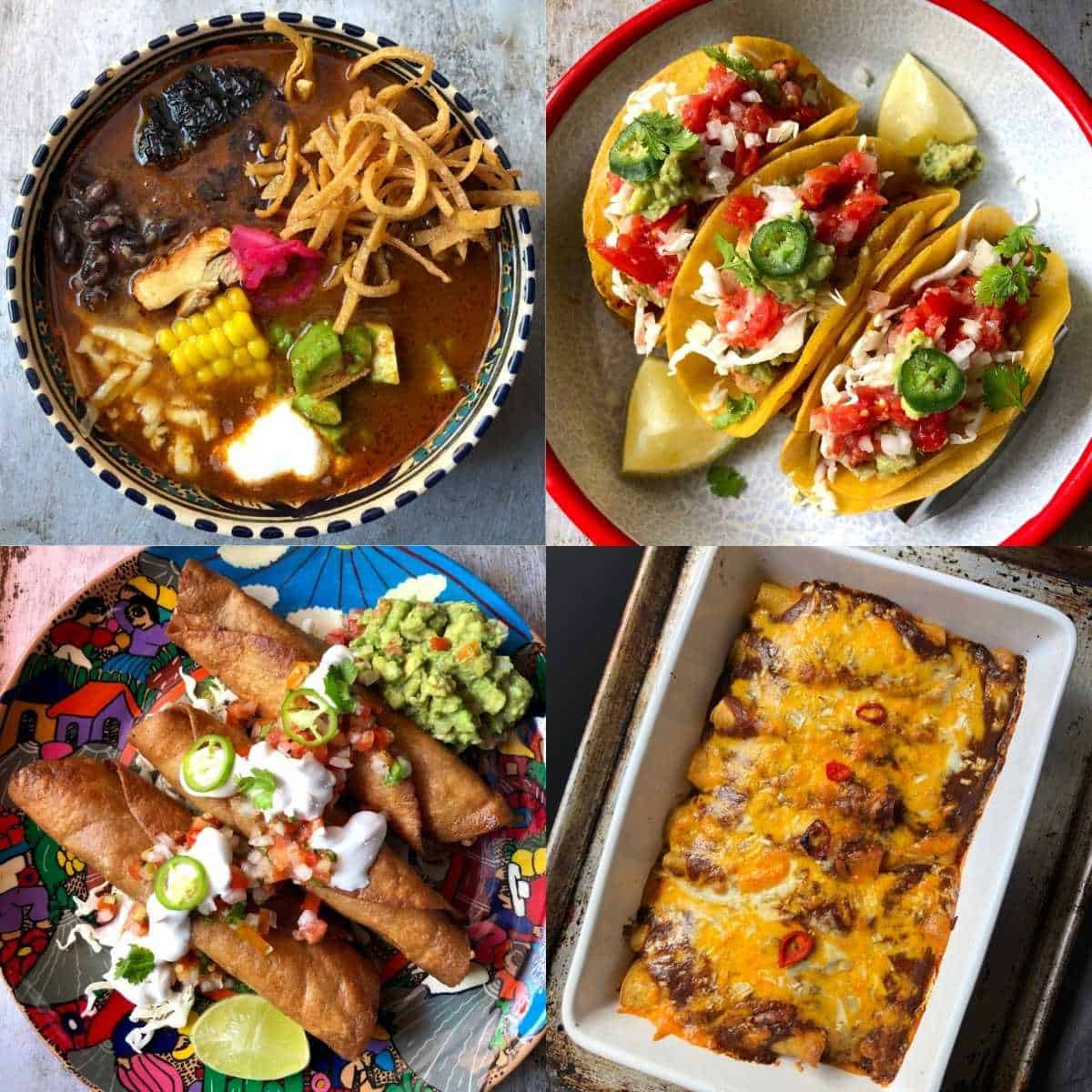 Four Mexican recipe collage featuring chicken tortilla soup, pollo asado chicken enchiladas, chicken flautas, and pollo asado tacos.