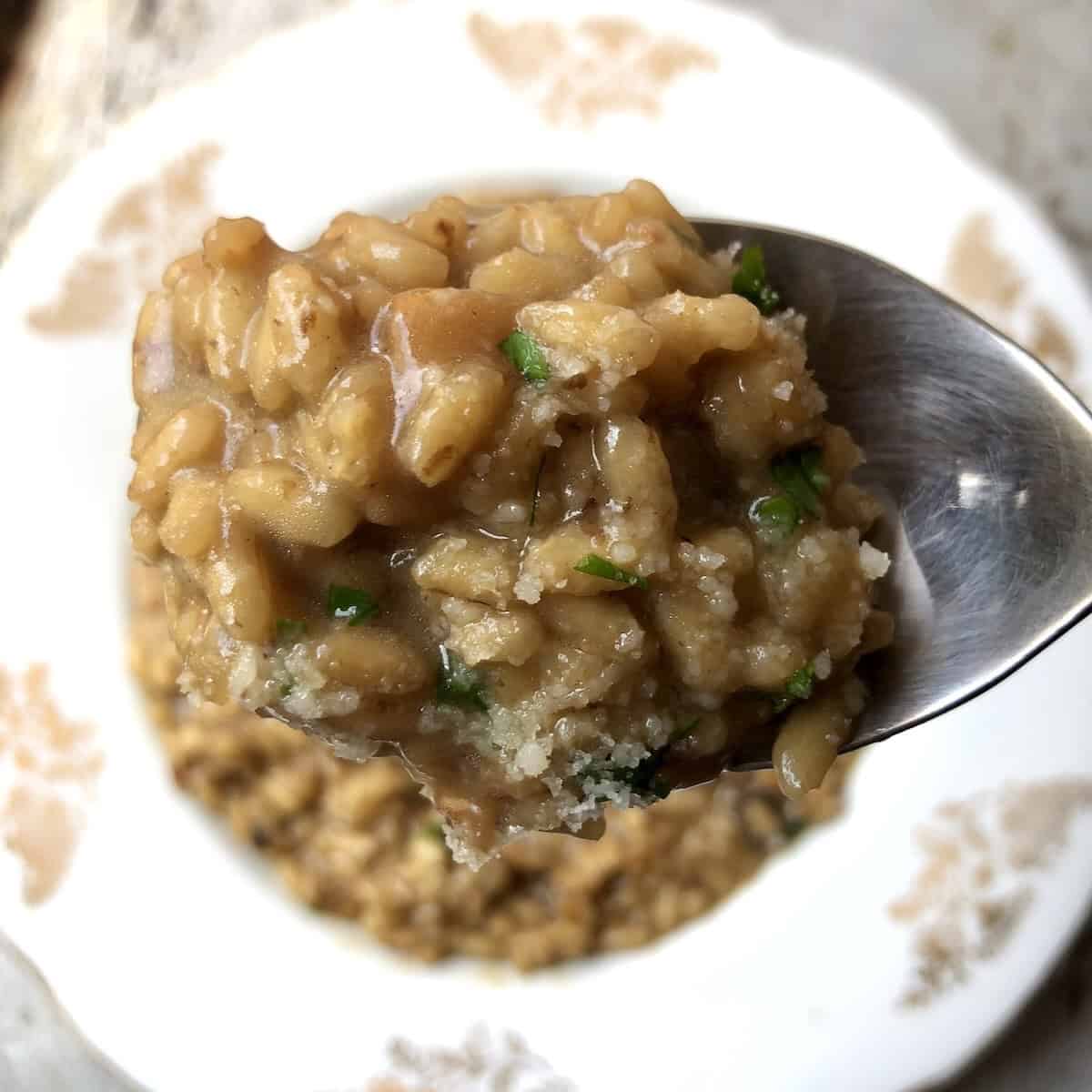 A glistening spoonful of creamy porcini mushroom risotto showing the perfect risotto consistency and texture, how to make mushroom risotto that is rich and creamy with parmesan.