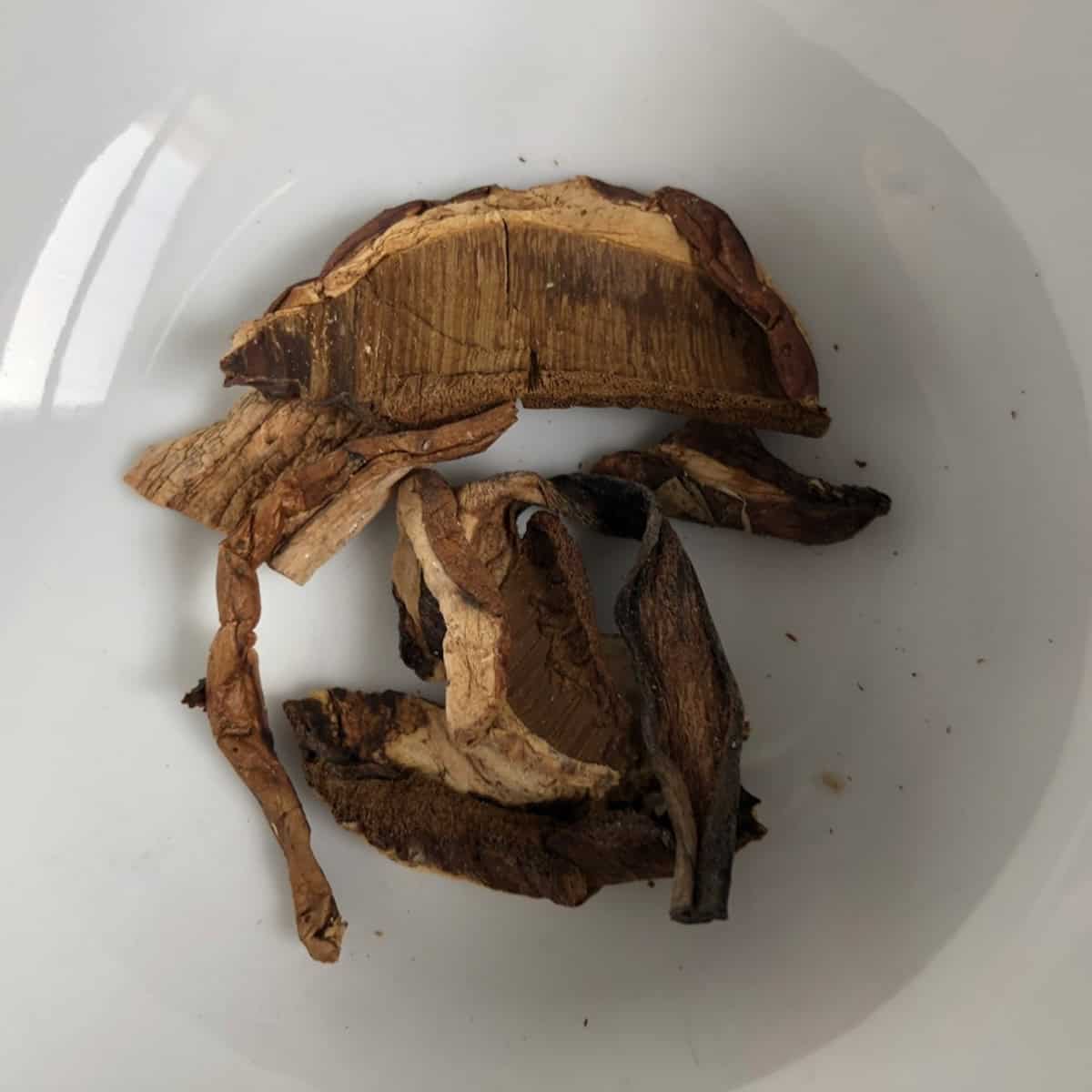 A bowl of dried porcini mushrooms ready to rehydrate for a creamy mushroom risotto recipe, Italian porcini mushroom risotto ingredient.