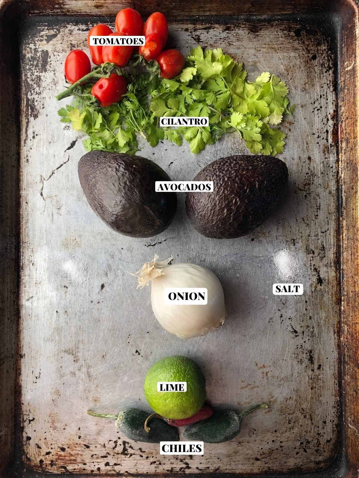 Guacamole ingredients laid out and labled on a sheet pan to look like a face with avocado eyes, cilantro hair, salt ears, white onion nose, and lime and jalapeno mouth.
