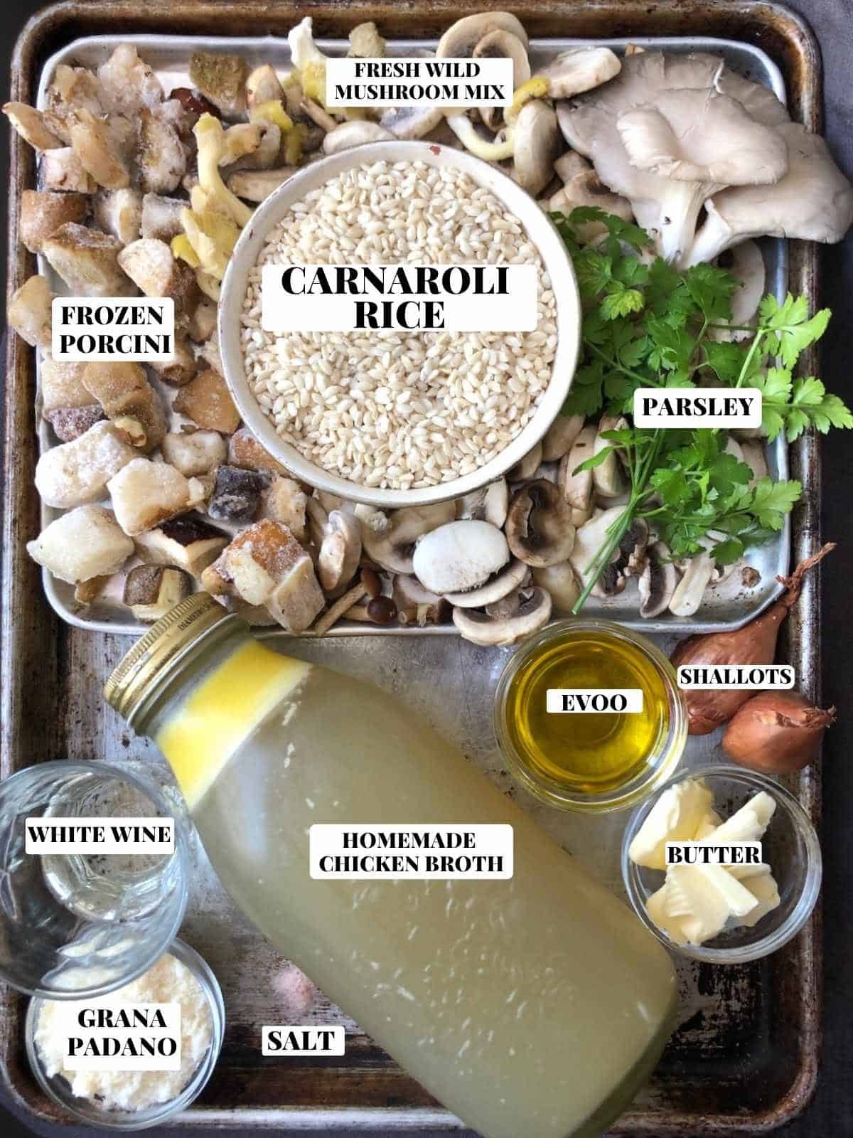 Labeled mushroom risotto ingredients on a sheet pan including carnaroli risotto rice, homemade chicken broth, fresh wild mushrooms, frozen porcini mushrooms, white wine, butter, shallots, parsley, and grana padano cheese for a wild mushroom risotto recipe.