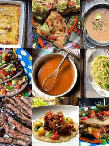Tex Mex recipes collage with homemade enchilada sauce, cheese enchiladas, quesadillas, cilantro lime rice, carne asada, tacos al pastor, cheeseburger quesadillas, refried beans, and vegetarian tacos.