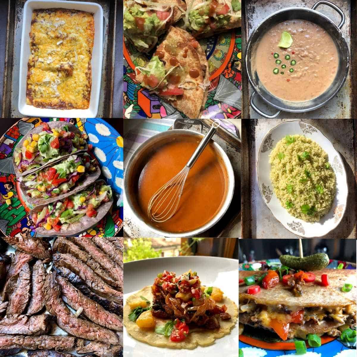 Tex Mex recipes collage with homemade enchilada sauce, cheese enchiladas, quesadillas, cilantro lime rice, carne asada, tacos al pastor, cheeseburger quesadillas, refried beans, and vegetarian tacos.