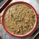 A full batch of wild mushroom risotto in a vintage Italian serving dish with a mix of porcini and wild mushrooms (oyster, pioppini, champignon), Italian risotto recipe for the best risotto with dried porcini mushroom risotto.