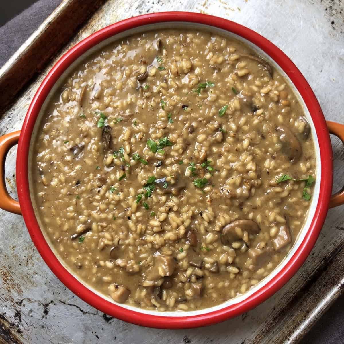 A full batch of wild mushroom risotto in a vintage Italian serving dish with a mix of porcini and wild mushrooms (oyster, pioppini, champignon), Italian risotto recipe for the best risotto with dried porcini mushroom risotto.