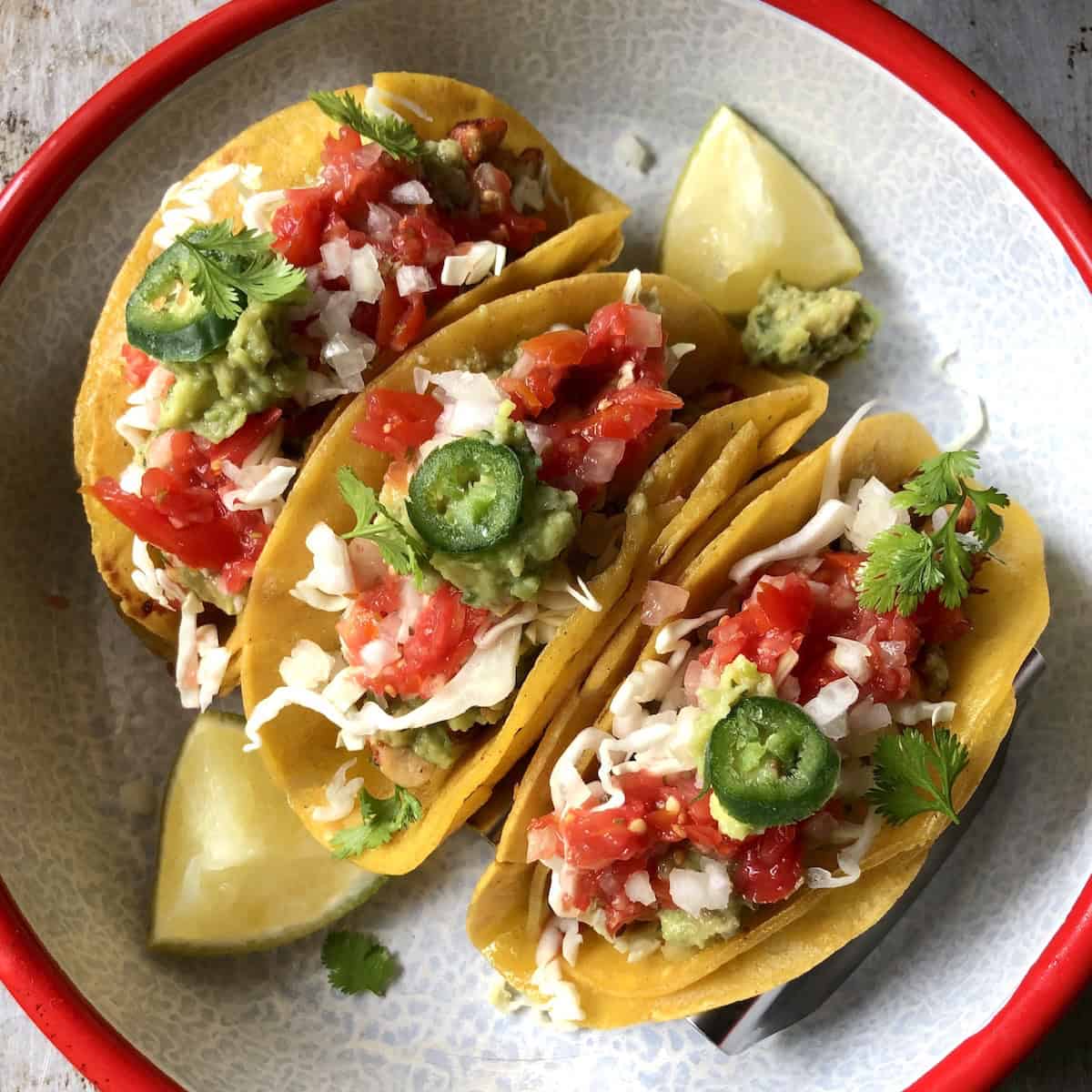 Three pollo asado tacos with guacamole, shredded cabbage, diced onions, salsa, and a sliced fresh green jalapeno on top of each one in a taco holder.
