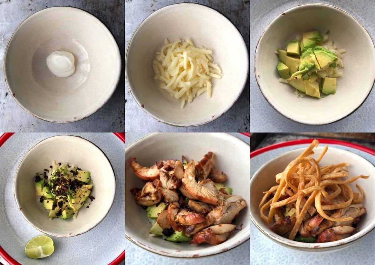 Step by step collage showing how to build a chicken tortilla soup bowl with crema, monterey jack cheese, avocado, fried mulato chile, pollo asado chicken, and crispy fried tortilla strips.
