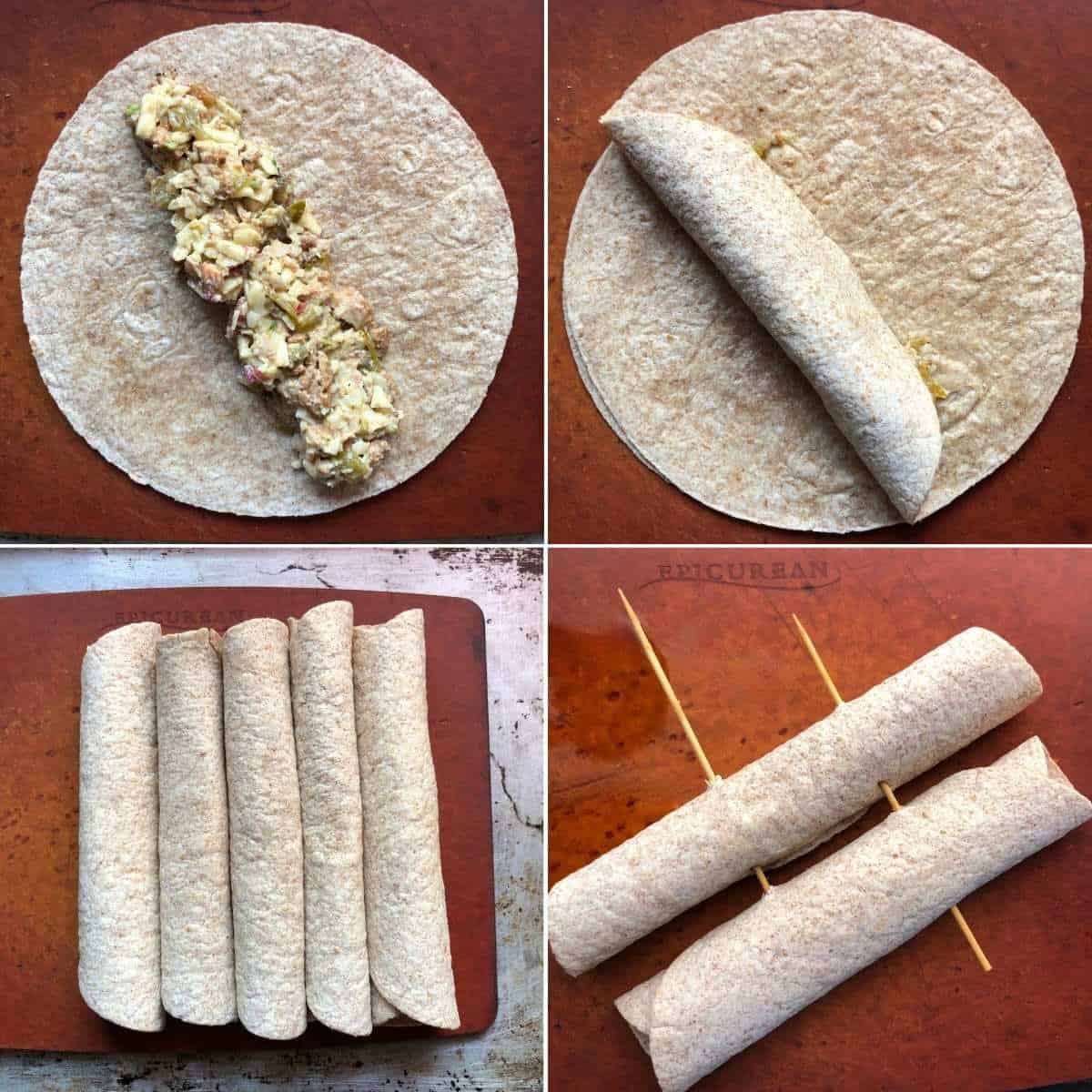 Four panel collage showing how to make flautas by adding chicken filling to the center of a flour tortilla and rolling it closed, then securing 3 together using two wooden skewers.