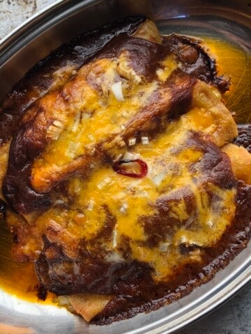 A casserole of baked chicken enchiladas with melted cheese, ancho chile enchilada sauce, and crispy golden tortilla edges.