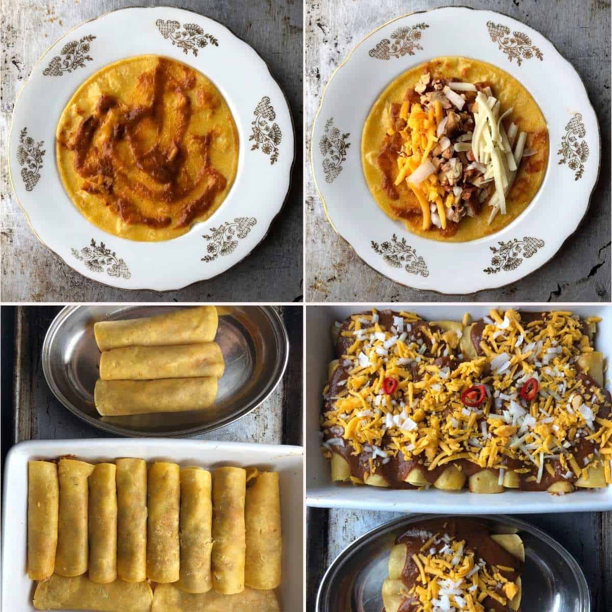 Four step collage showing enchilada sauce spread on a warmed tortilla, chicken with cheese and onion added, rolled enchiladas seam side down in a casserole dish, and the enchiladas covered with sauce, cheese, onions, and red jalapeno slices before baking.
