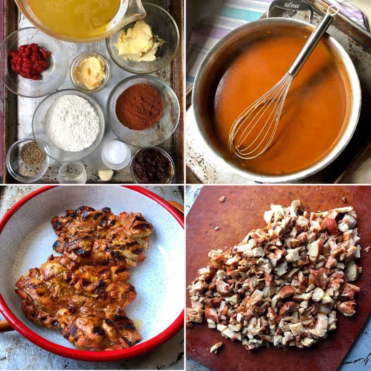 Four step collage showing ancho chile enchilada sauce ingredients on a cutting board, the finished sauce, grilled pollo asado chicken thighs, and the chicken diced for chicken enchiladas.