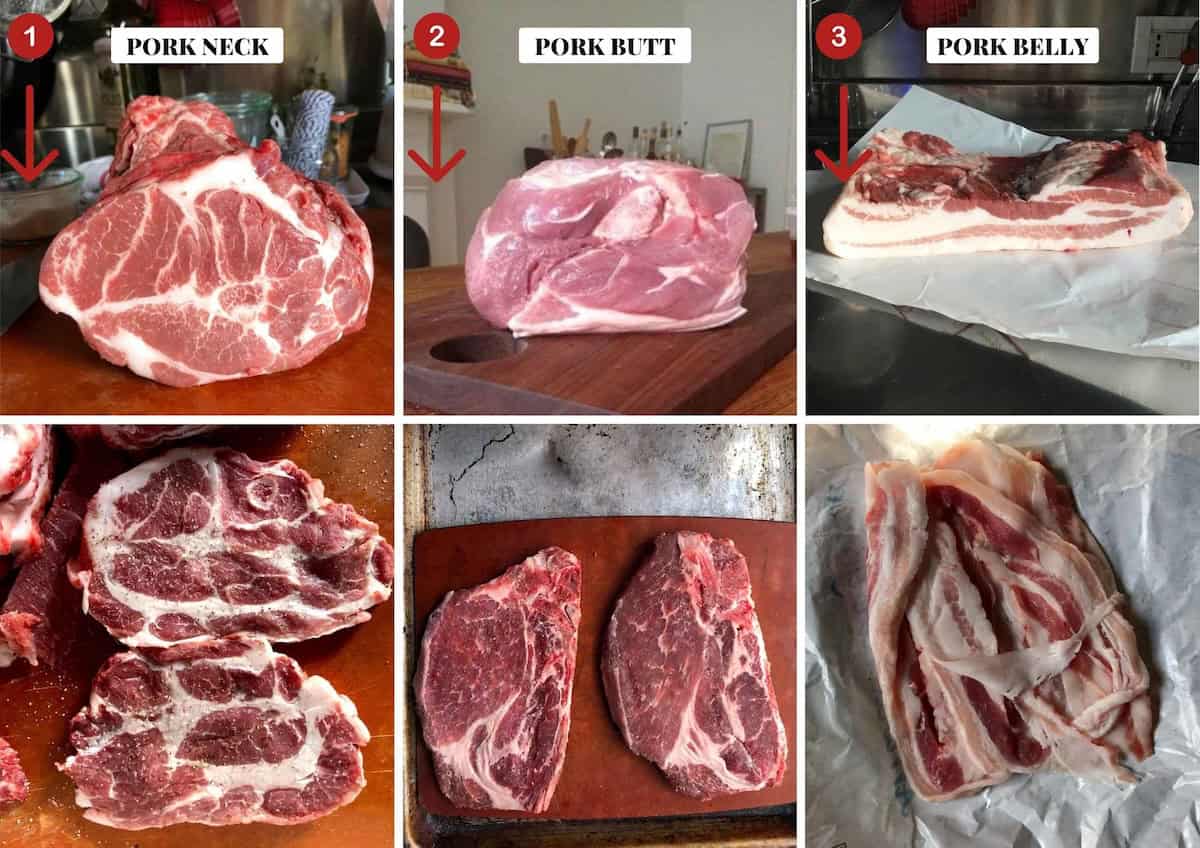 Six photo collage comparing pork neck whole and sliced, pork butt whole and sliced, and pork belly whole slab and sliced showing the best cuts of pork for homemade gyros.