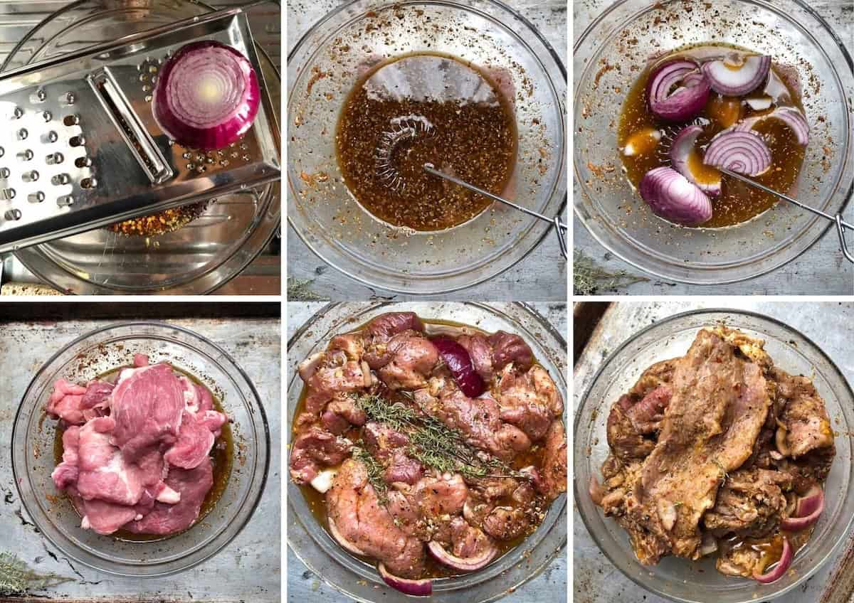 Six photo collage showing how to make gyro meat seasoning with grated onion, oil, vinegar, honey, garlic, and gyro spices then tossing sliced pork in the marinade before refrigerating.
