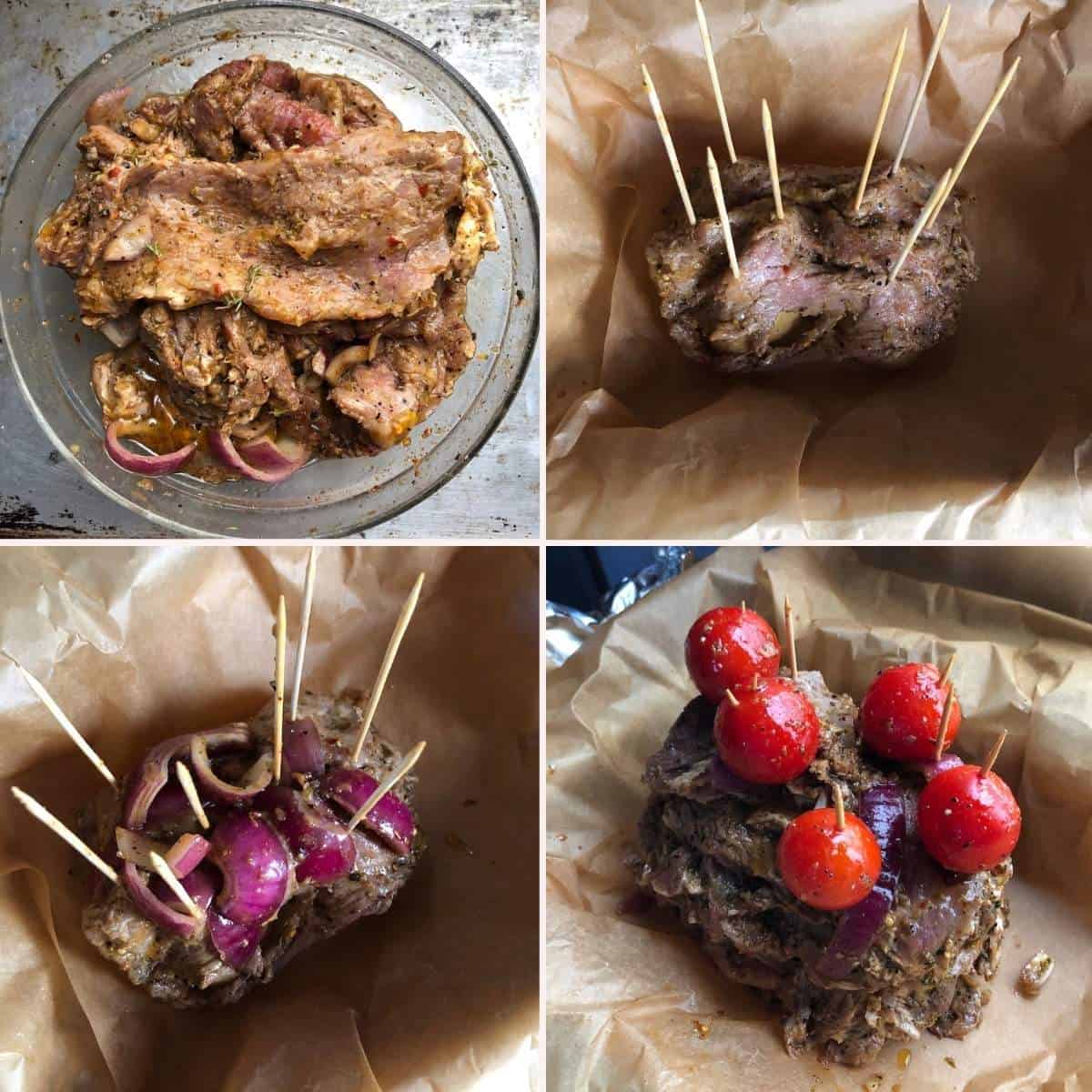 Four step collage showing how to stack and compress marinated pork slices onto skewers to build a homemade gyro meat cone topped with cherry tomatoes.
