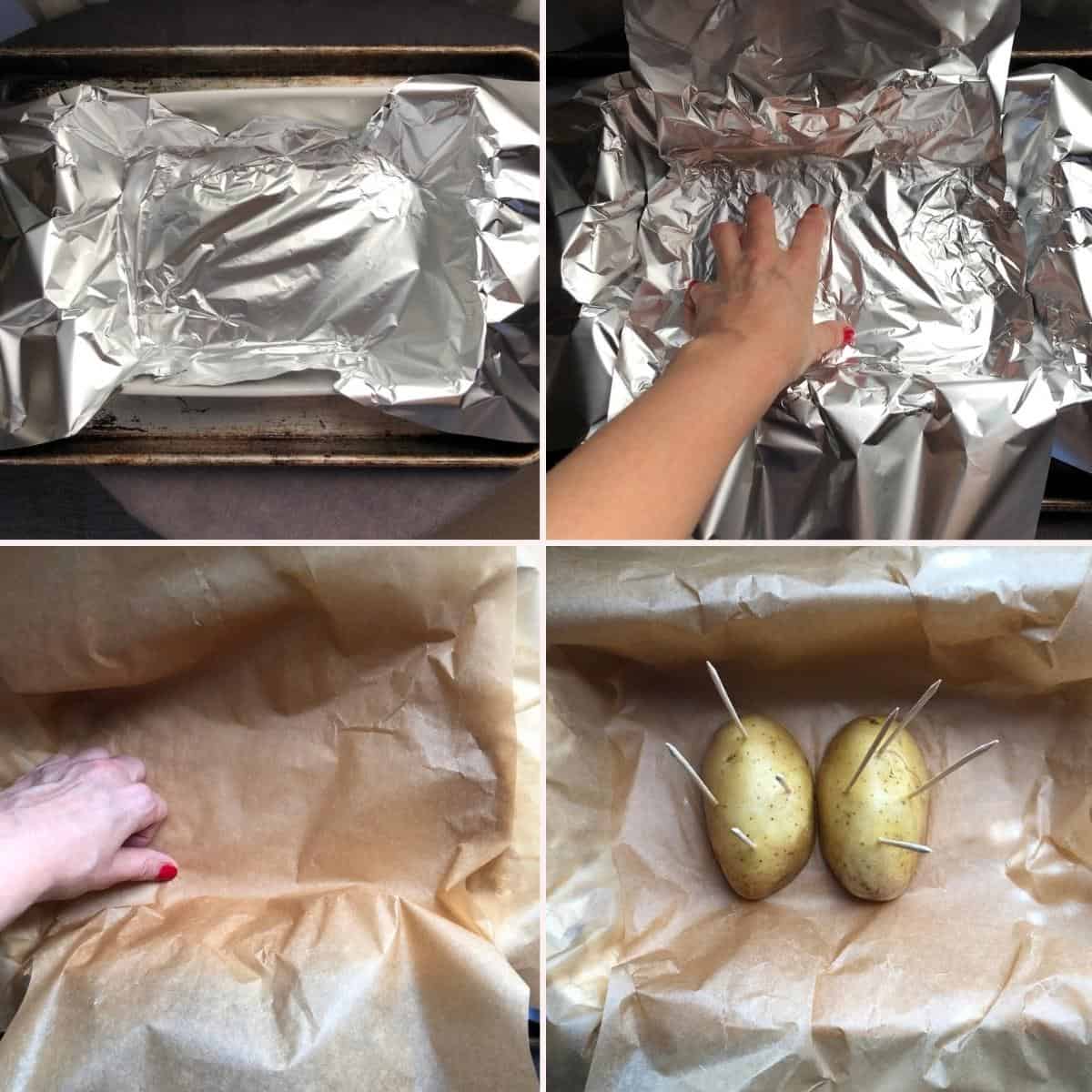Four step collage showing how to make a gyro meat cone base by lining a baking dish with foil and parchment then setting potato halves with skewers in the center to keep it from tipping over while baking.